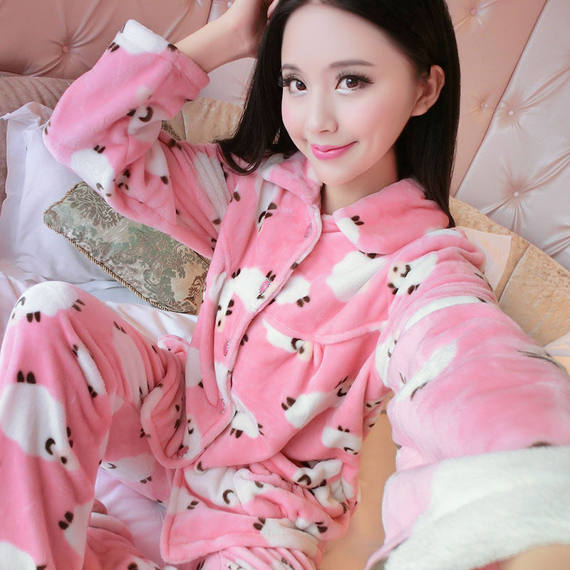 可爱情侣睡衣女冬季加厚法兰绒珊瑚绒睡衣套装秋冬开衫长袖家居服