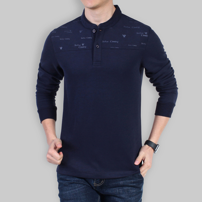 吉普盾春秋季长袖t恤男商务休闲立领印花体恤男士宽松打底衫上衣