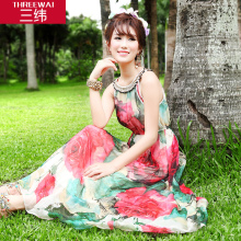 三纬2017夏新款波西米亚度假真丝连衣裙女圆领印花气质优雅长裙图片
