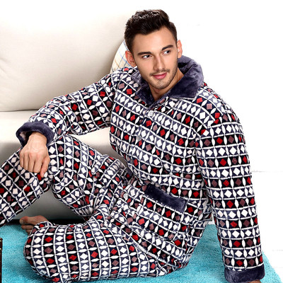 睡衣男 冬季 加厚珊瑚绒夹棉睡衣棉袄冬天加大码家居服男款套装