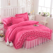 韩版公主磨毛蕾丝床罩床裙式四件套纯色花边被套床套1.5/1.84件套