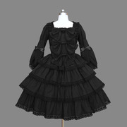 纯黑棉料 Lolita哥特式长袖荷叶边连衣短裙 宫廷洋装 cos服定制