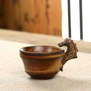日式粗陶茶杯带把手，品茗杯窑变复古陶瓷功夫茶具，单个杯子主人杯
