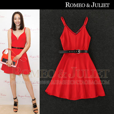 【明星同款】2014夏装女装新款 优雅性感V领红色红吊带裙礼服裙