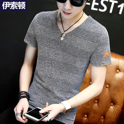 夏季男士短袖t恤V领2018新款潮流体恤纯白色韩版半袖衣服夏天男装