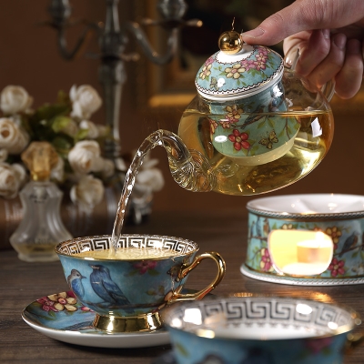 田园风花茶壶套装欧式陶瓷蜡烛加热底座家用下午茶茶具带过滤