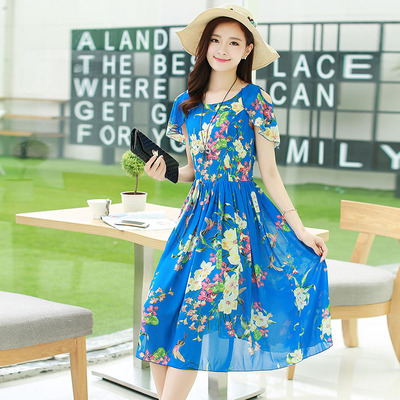 标题优化:新品特卖 2015韩版女装收腰时尚修身圆领显瘦印花雪纺短袖连衣裙
