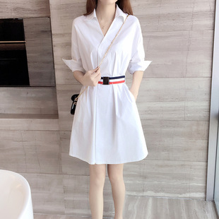 2023春夏女装韩版白色V领衬衫裙子职业气质收腰显瘦a字连衣裙