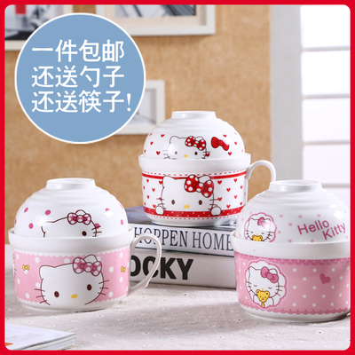 标题优化:HelloKitty陶瓷泡面碗日式餐具创意可爱泡面杯汤碗套装大号带盖勺