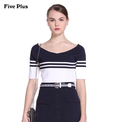 FivePlus2016新女夏装休闲撞色条纹短袖套头薄针织衫2HL2030330