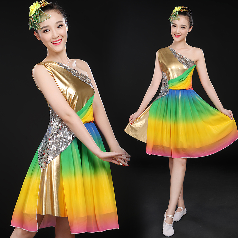 现代舞蹈服装新款彩色时尚舞台成人合唱服短裙开场广场舞演出服女在类目 女装/女士精品, 唐装/民族服装/舞台服装, 民族服装/舞台装中 - 来自Buy2taobao.com提供专业的淘宝代购服务