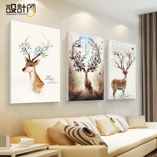 北欧风格装饰画客厅沙发，背景墙挂画现代简约墙，面无框画三联画麋鹿