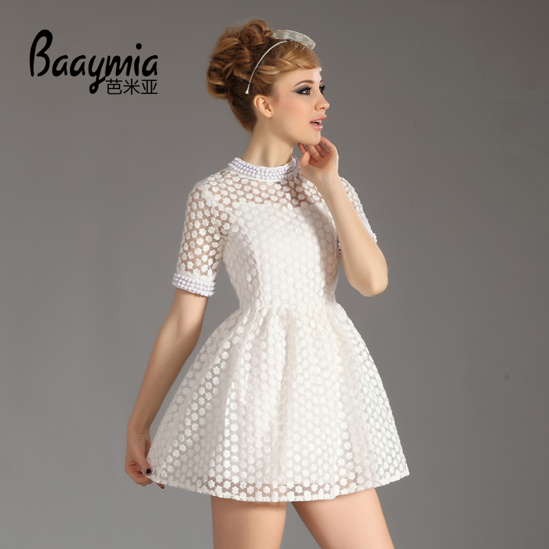 2014女装新款中袖欧根纱短款连衣裙 五分袖纯白色连衣裙 女 夏