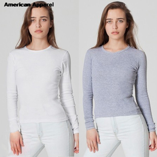 美国American Apparel/AA女纯色打底衫 棉长袖修身柔软黑色v领T恤