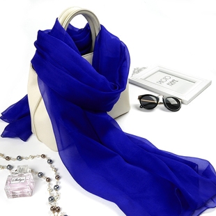 蓝色真丝丝巾100%桑蚕丝，披肩女纯色春夏天纱巾，宝蓝色克莱因蓝围巾