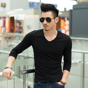 秋裝新款男士純色V領長袖t恤 純色打底衫 男 修身長袖T恤男打底衫