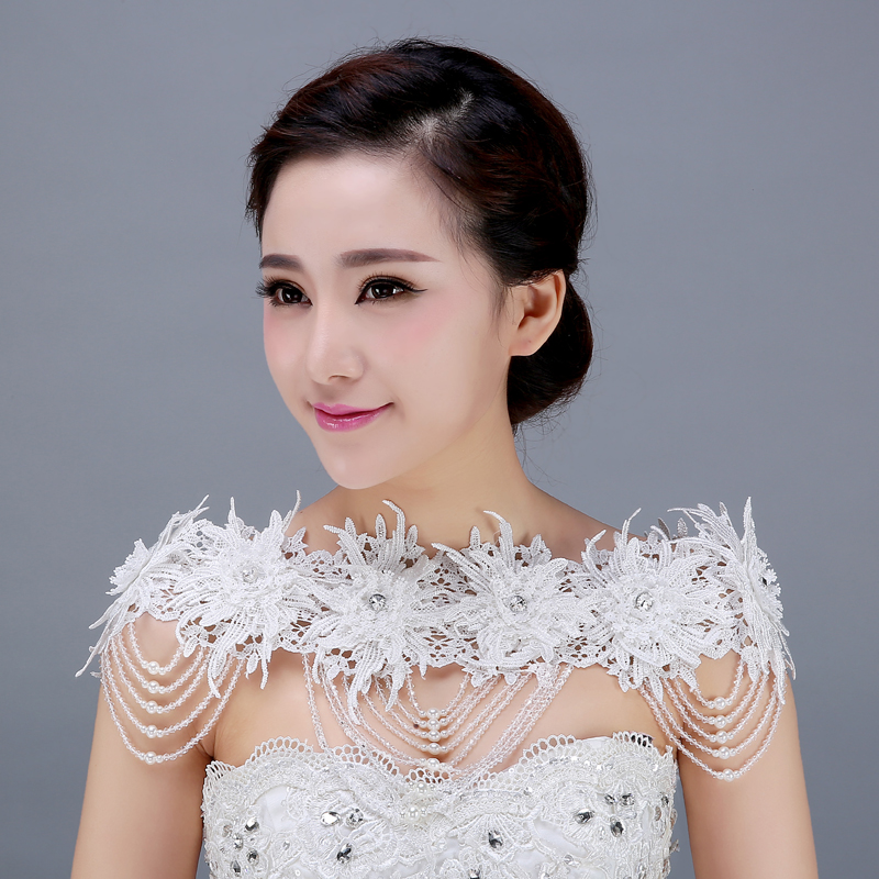 婚紗禮服披肩春夏季蕾絲新娘壹字肩珍珠水鑽镂空小外套肩鏈小坎肩在類目 服飾配件/皮帶/帽子/圍巾, 圍巾/絲巾/披肩中 - 來自Buy2taobao.com提供專業的淘寶代購服務