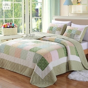 纤之色韩式田园衍缝被单件床盖三件套空调，被子母夏纯棉(夏纯棉)绿色四件套