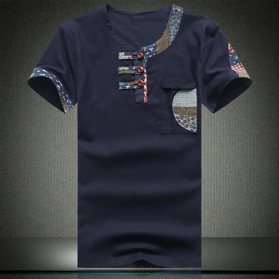 标题优化:夏季中国风复古亚麻男士短袖t恤新款棉麻大码修身半袖圆领体恤潮