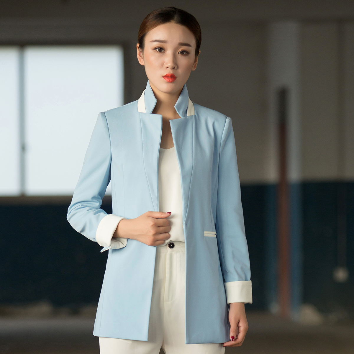 正品打折骆汐新款小西装女修身通勤韩版撞色女