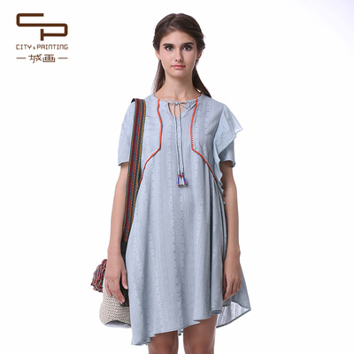 一城画一夏季简约文艺范中长裙撞色明辑线宽松不规则短袖连衣裙