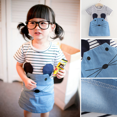 标题优化:2015夏装新款韩版童装女童儿童宝宝可爱卡通老鼠条纹纯棉连衣裙子