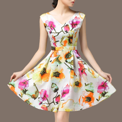 新颖哥弟特价2016夏装新款气质印花修身真丝连衣裙大码显瘦大摆裙