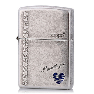 打火机zippo正版双面，雕刻古银蓝心爱在一起爱情礼物