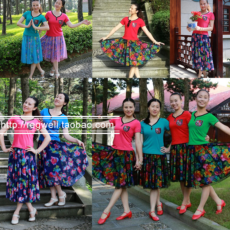 红草莞儿夏季新款广场舞服装 杨艺春英格格舞蹈服短袖大摆裙套装