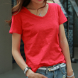 夏装新款韩版大红色白色宽松休闲 竹节棉V领短袖T恤女装体恤上衣