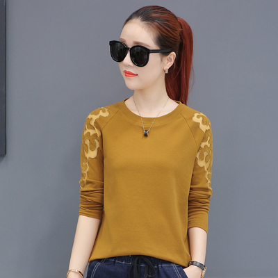 秋衣女外穿2018新款性感蕾丝镂空网纱心机t恤春秋百搭打底衫上衣