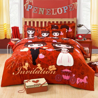 标题优化:罗星娜家纺全棉四件套纯棉 情侣 婚庆卡通纯色被套床单床上用品