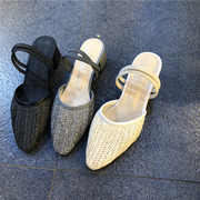 韩国东大门女鞋23夏季韩版尖头浅口编织方跟休闲拖鞋两穿鞋女