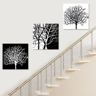 抽象黑白发财树装饰画三联楼梯间组合挂画现代简约过道餐厅壁画