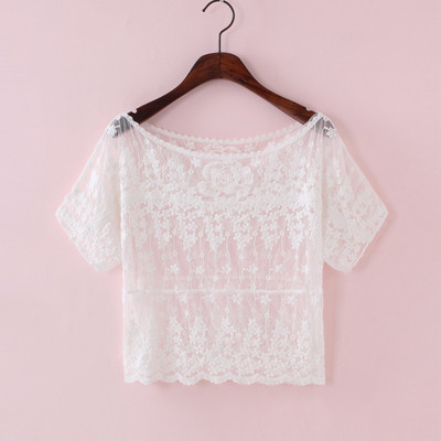 夏季气质上衣短袖套头女蕾丝衫罩衫短款大码纯色钩花镂空衫外搭衫