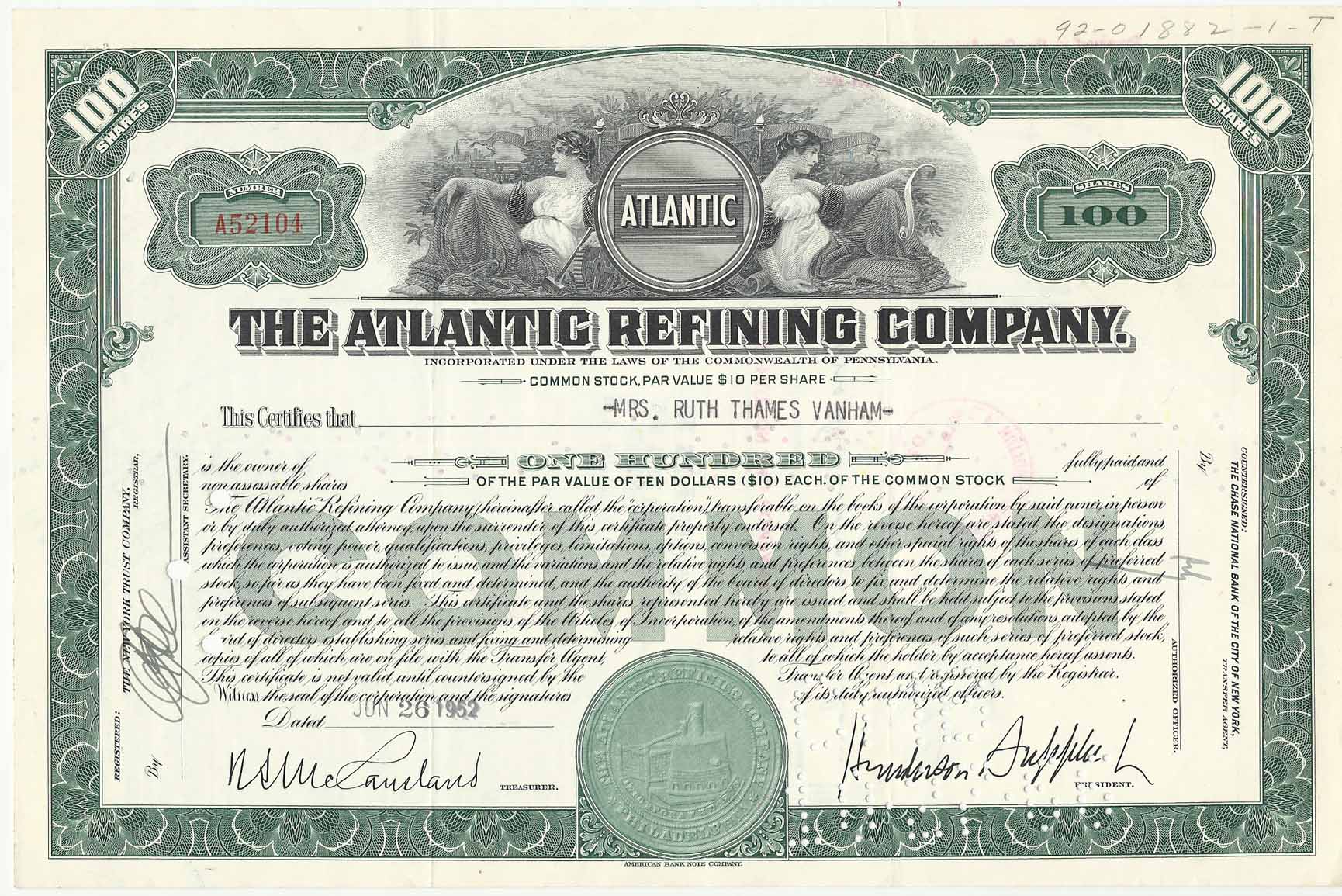 美国 大西洋石油公司 100股 股票 1952年 ATLA