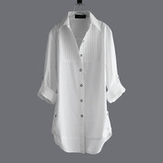 白色衬衫女中长纯棉，2023年春打底显瘦时尚款洋气外穿长袖衬