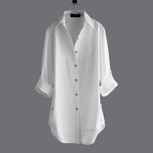 白色衬衫女中长纯棉2023年春打底显瘦时尚款洋气 外穿长袖衬
