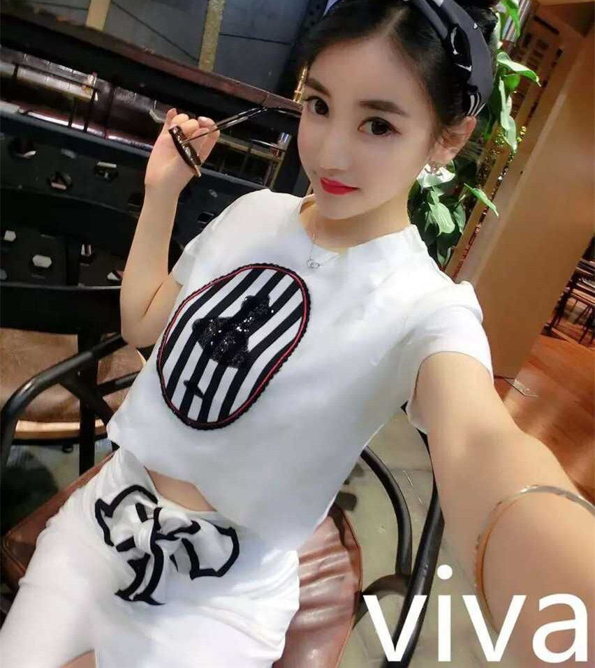 2015夏时尚最新拼接印花短袖T恤加系带开叉半身裙两件套