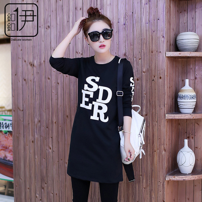 长袖t恤女装冬装2016新款潮中长款加绒打底衫秋冬季胖休闲上衣服