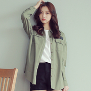 韩国BF风中性衬衫大码情侣学生宽松长袖衬衣落肩军绿色女工装外套