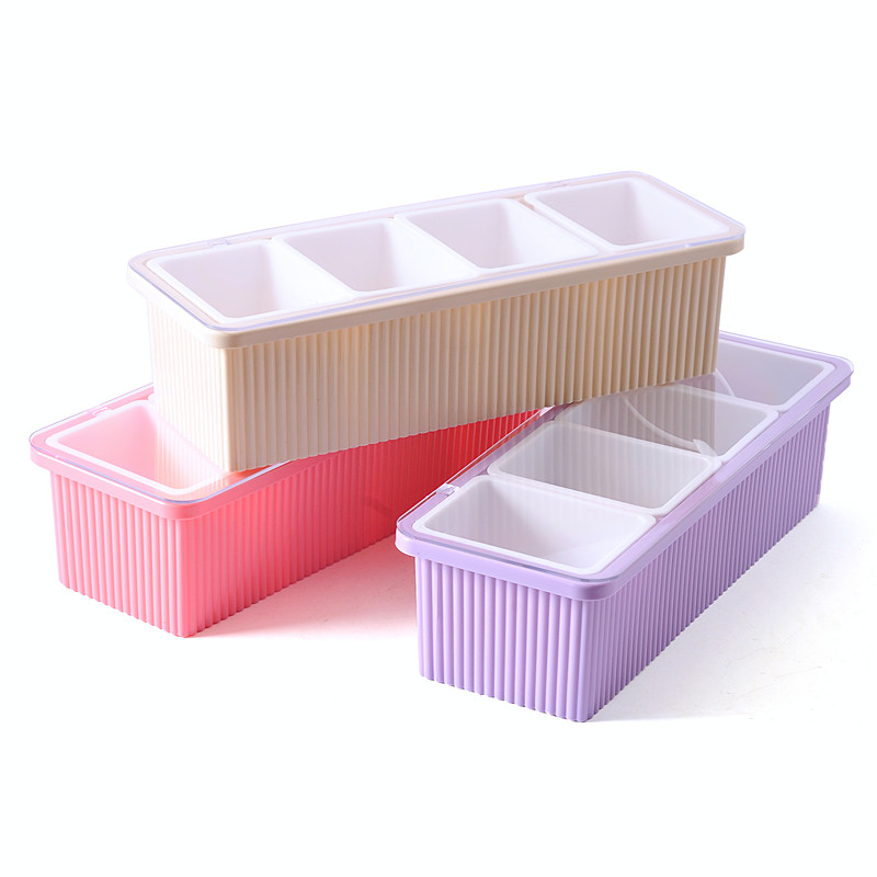 厨房用品 塑料翻盖4格条纹调味盒 有盖套装调料罐多格调料盒