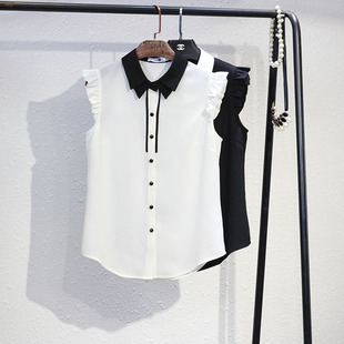 原创设计夏季黑色白色雪纺衫，无袖衬衫淑女，ol百搭显瘦有大码