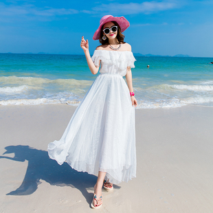 夏女海边度假裙沙滩裙抹胸雪纺晚会礼服连衣裙一字领露肩白色长裙