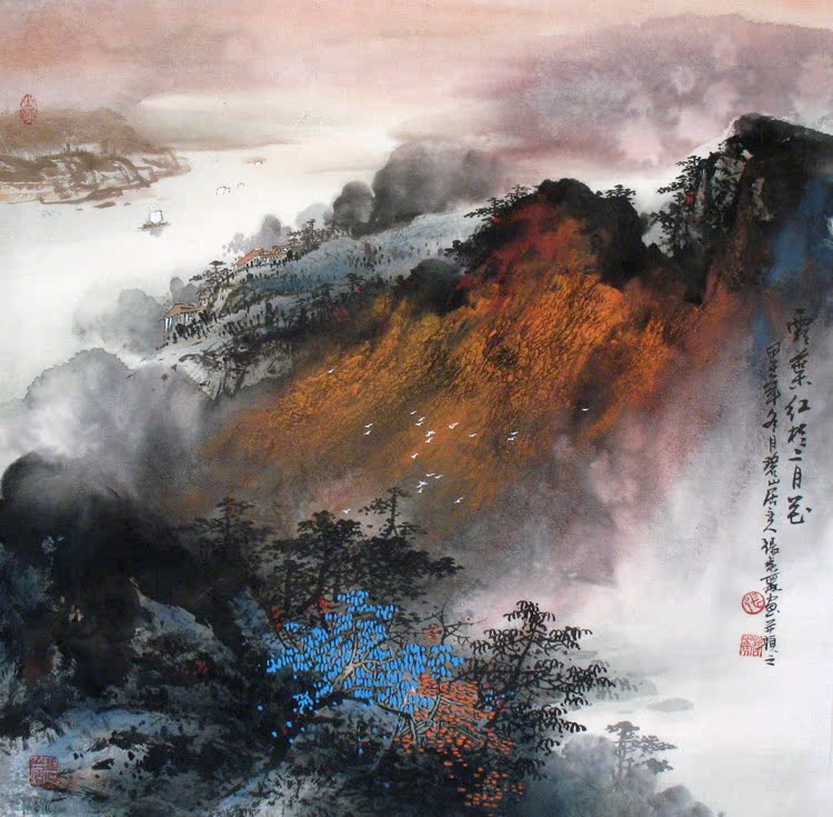 实力派名画家张春丽真迹泼彩山水画四尺斗方霜叶红于二月花X25339