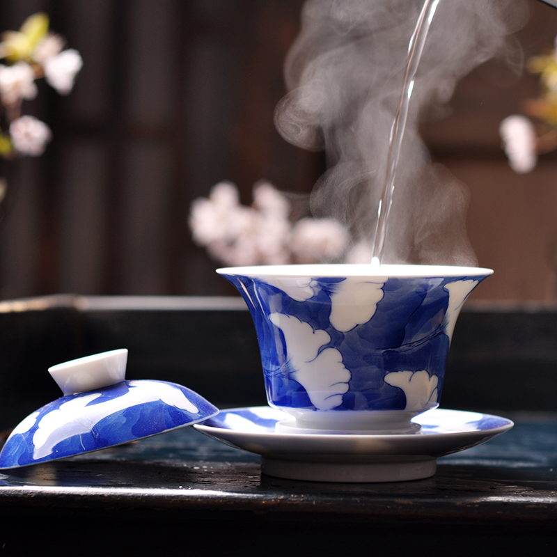 Jingdezhen All hand Hand drawn Blue and white Ginkgo Make tea Underglaze Kungfu Online tea set ceramics Three talents Cover bowlin the Tableware , Tea set , Tureen category - from Buy2taobao.com to provide professional Taobao agent buy service