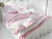韩国韩版粉色白色层层荷叶，边蝴蝶结短绒温暖公主四件套床品