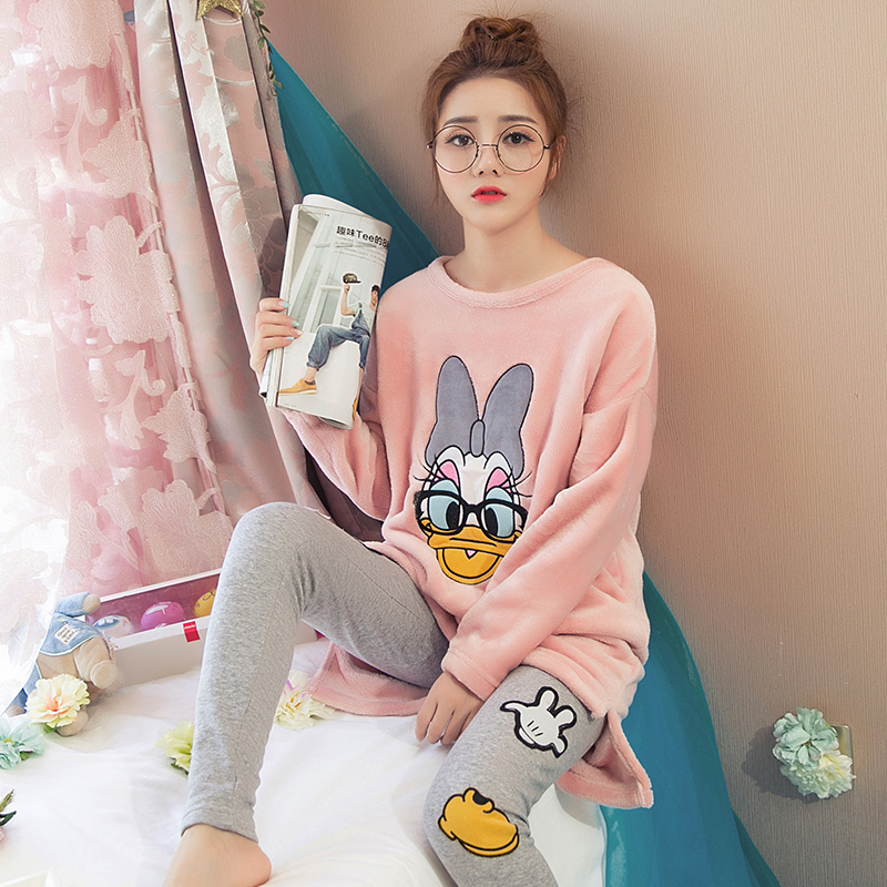 睡衣女冬加厚珊瑚绒长袖圆领套头法兰绒韩版情侣卡通家居服套装