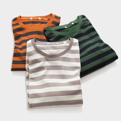 UN`肌肤触感柔软舒适男式超柔磨毛棉圆领条纹长袖T恤/打底衫