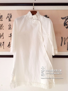 中式外套内搭蕾丝领斜襟中长款棉麻白色衬衫打底衫